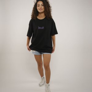 Kadın Örme Kumaş Logo Baskılı Sıfır Yaka %100 Pamuk Siyah T-Shirt